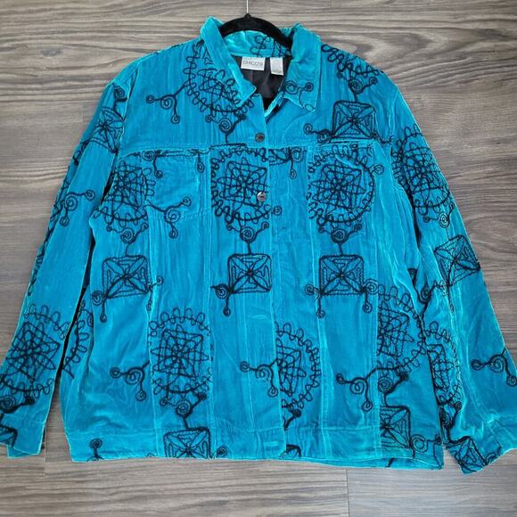 Chico's Womens Silk Blend Velvet Embroidered Jacket XL Blue Vintage Boho Art - Picture 2 of 7